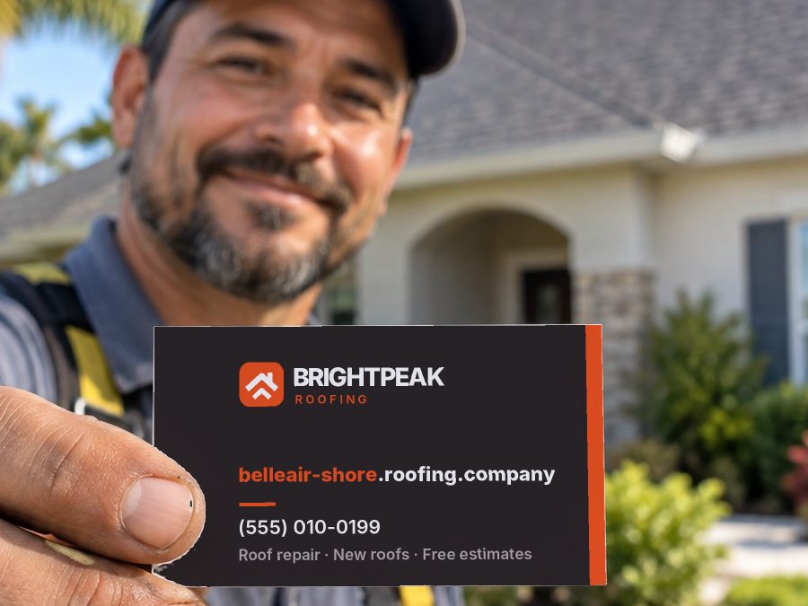 belleair-shore.roofing.company on a roofer's business card