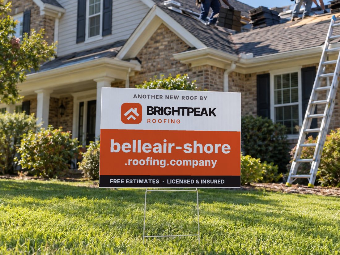 belleair-shore.roofing.company on a yard sign in front of a house getting a new roof