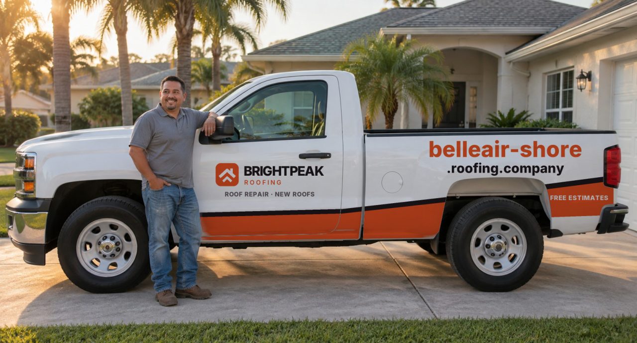 belleair-shore.roofing.company painted on the side of a white work truck