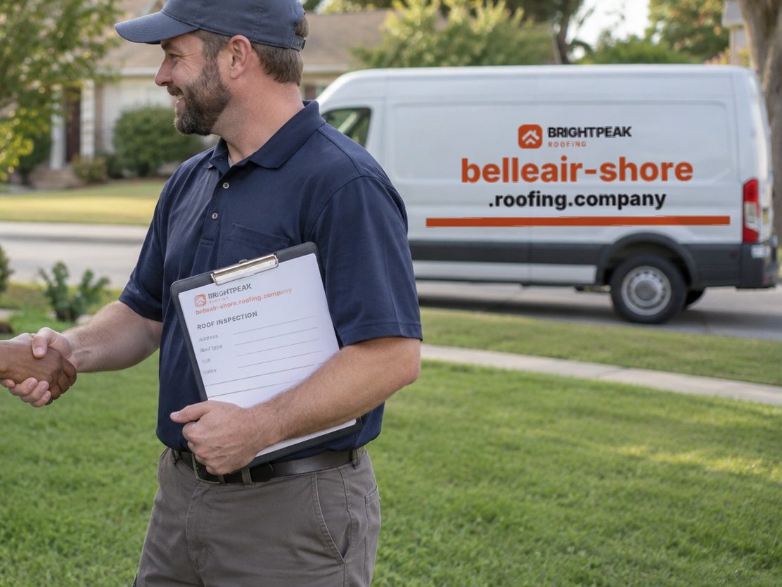 belleair-shore.roofing.company on a roofing van and an inspection form